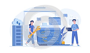 Back end development coding and programming. Software engineering process. Vector illustration