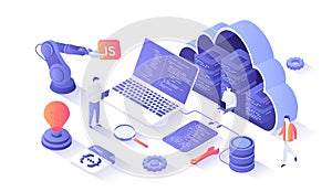 Back-end Development, Coding, Software Engineering, Programming languages. Server racks in the big cloud, database