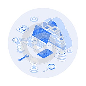 Back-end Development, Coding, Software Engineering, Programming languages. Server racks in the big cloud, database, program