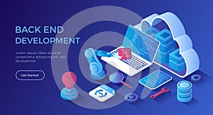 Back-end Development, Coding, Software Engineering, Programming languages. Server racks in the big cloud, database, program code