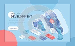 Back end Development, Coding, Software Engineering, Programming languages. Server racks and database in the clouds. Isometric vect