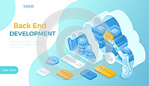 Back End Development, Coding, Software Engineering, Programming languages. Server racks and database in the clouds. Isometric vect
