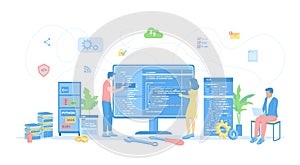 Back End Development, Coding, Testing, Software Engineering, Programming languages. Team of programmers write program code