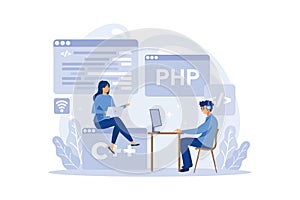 Back end development concept. Software development process. Website interface design improvement. Programming and coding. IT