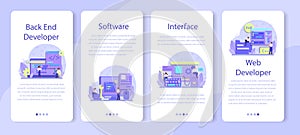 Back end development mobile application banner set. Software development process