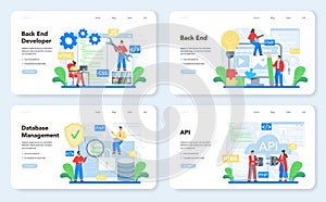 Back end development web banner or landing page set. Software development