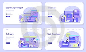 Back end development web banner or landing page set. Software development