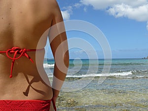 Back of female stood by ocean