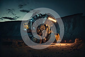 A back-filling machine in an open coal mine at night, mining industry