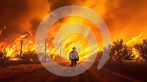 Back of a firefighter confronted with the extreme heat and rapid spread of wildfire, global warming and natural disaster concept.