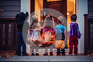 Back of five kindergarten children in fancy dress trick or treat at neighbour house front door on Halloween. Generative AI