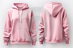 Back and front view of pink hoodie sweatshirt blank mockup for fashion design on white background