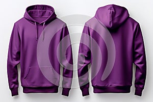 Back and front view of purple hoodie sweatshirt blank mockup for fashion design on white background