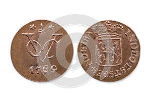 Back and front of a VOC coin from 1789 on white background