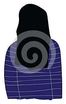Back of a girl with long black hair and blue sweater with white strippes  vector illustration