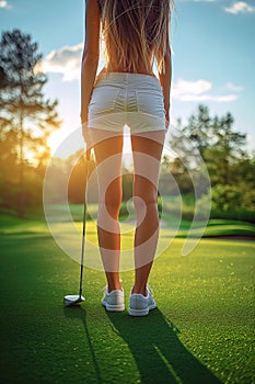 back of golfer girl with sexy legs and ass in shorts with golf club standing on a lawn on golf course in summer