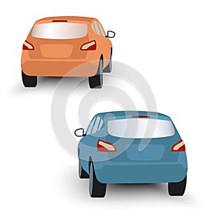 Back of hatchback cars orange and blue in vector on white background