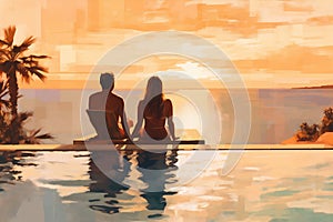 back honeymoon vacation relax sunset travel romantic swimming couple pool. Generative AI.