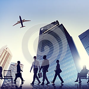 Back Lit Business People Traveling Airplane Airport Concept