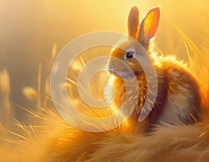 Back lit fluffy rabbit with golden tint, AI generated