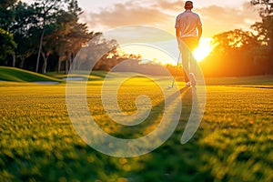 back of a male golfer with golf club walking on lawn on golf course in summer at sunset