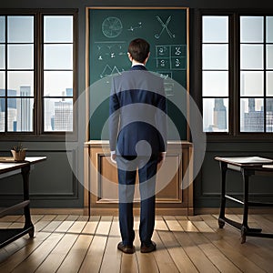 Back of man in navy suit looking at equasions on a blackboard