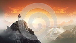 Back of man standing on mountain top with orange skies