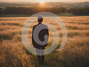 The back of a man stands in the grass and looks at the sunset.