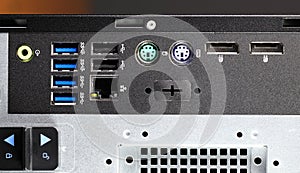 The back of the motherboard with various connectors