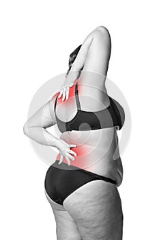 Back and neck pain, fat woman with backache, overweight female body isolated on white background