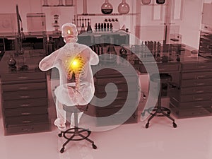 Back and neck pain in a laboratory worker, conceptual 3D illustration