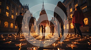 Back night view group of young people walking in the street in Prague, Czech Republic with candles in floor