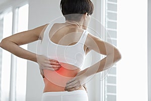 Back Pain. Closeup Of Woman Body With Pain In Back, Backache