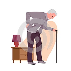 Back pain in elderly man with cane, old grandfather suffering from rheumatism, arthritis