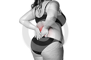 Back pain, fat woman with backache, overweight female body isolated on white background