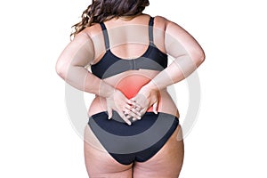 Back pain, fat woman with backache, overweight female body isolated on white background