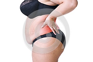 Back pain, fat woman with backache, overweight female body isolated on white background