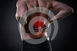 Back pain, kidney inflammation, ache in man`s body photo