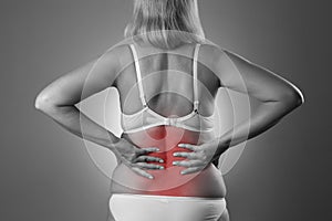 Back pain, kidney inflammation, ache in woman`s body