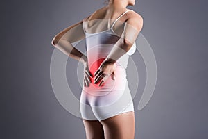 Back pain, kidney inflammation, ache in woman`s body