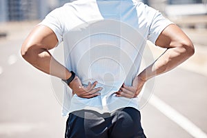 Back pain, sport injury and person with muscle, inflammation and accident from fitness. Outdoor, athlete and injured