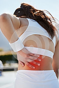 Back pain, woman with injury and fitness, tennis athlete outdoor with medical emergency, red overlay and inflammation