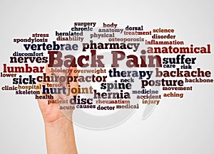 Back Pain word cloud and hand with marker concept