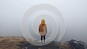 Back of person in yellow rain jacket on foggy cliff edge