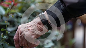 On the back of a persons hand a device that looks like a bracelet is attached. The device emits vibrational alerts to photo