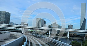 A back point of view on the railway at Yurikamome line in Tokyo