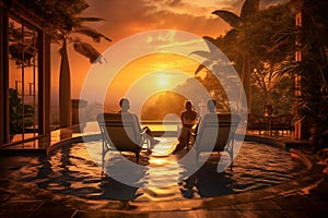 back pool travel sunset vacation romantic honeymoon swimming couple relax. Generative AI.