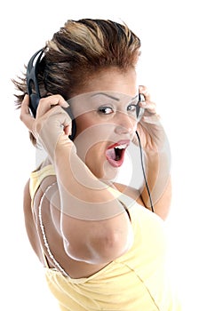 Back pose of woman with headphone