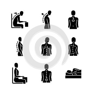 Back and posture problems black glyph icons set on white space photo