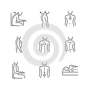Back and posture problems linear icons set